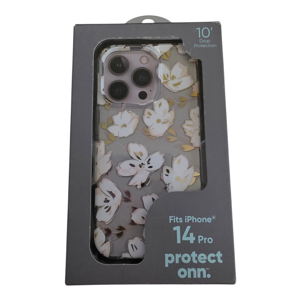 onn. Gold & White Flower Phone Case iPhone 14 Pro with 10' Drop Protection